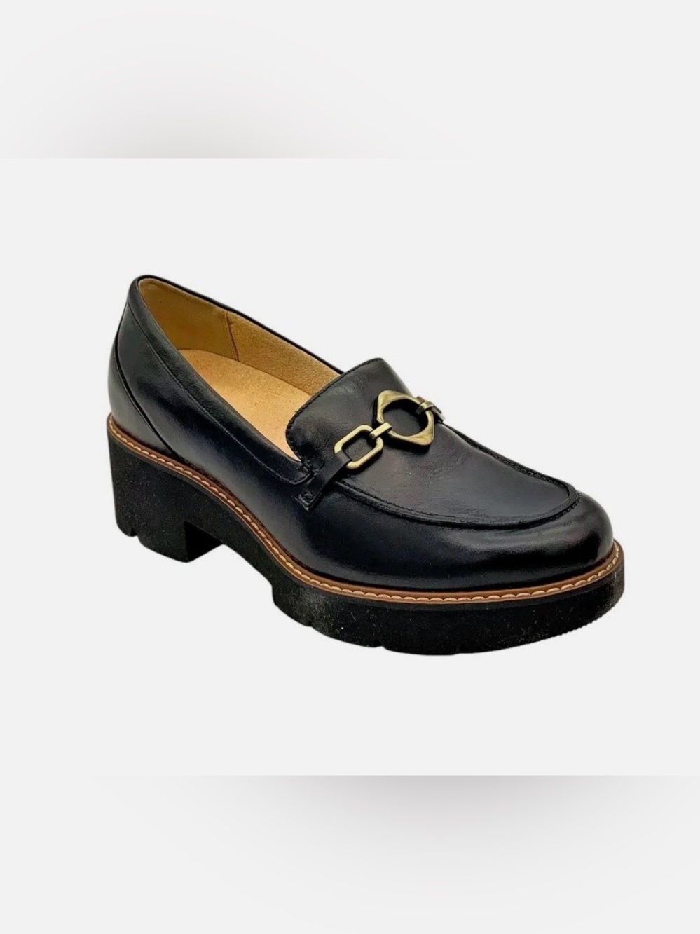 Naturalizer Black Leather Loafers with Gold Chain Accent
